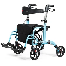 Goplus 2 in 1 Ergonomic Foldable Medical Rollator Aluminum Transport Chair Blue