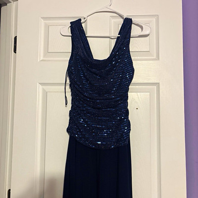 R&M Richards 6P Petite Long Sequin Ruched Cowl Neck Sleeveless Gown
