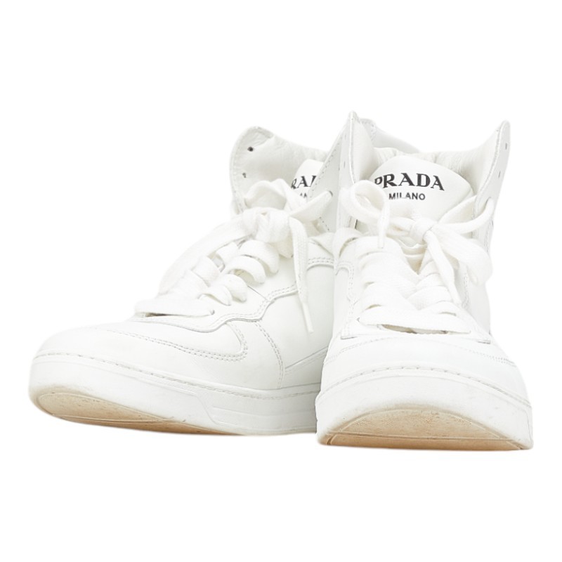 Prada White Leather Triangle Logo High-Top Sneakers Women's Size 6.5 2TG179