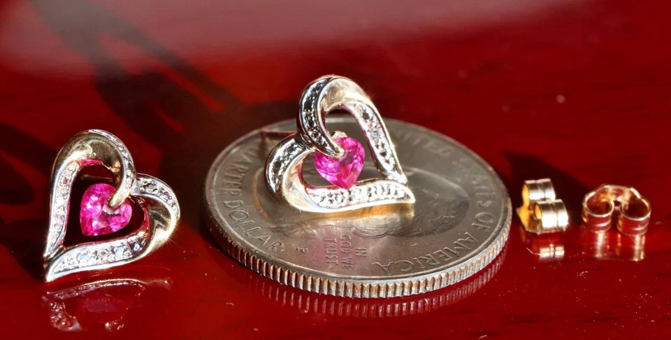 10k multitone gold earrings 0.62ct lab-created ruby diamond open heart stud 1.6g - Image 4 of 4