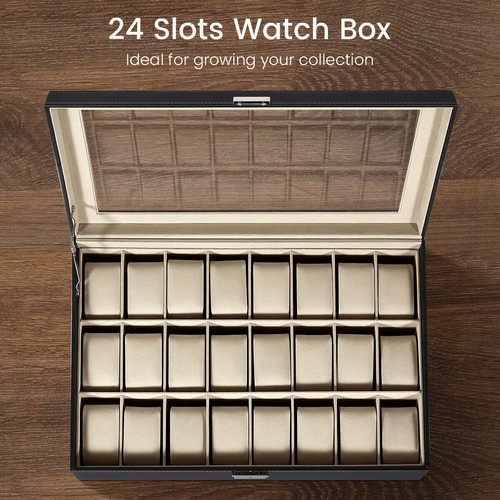 24 Slots Watch Box PU Leather Watch Case Organizer Watch Display Case Lockable - Picture 7 of 18