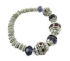 Dark Purple Rhinestone Beaded Stretch Bracelet Crystal Glass Silver Tone Beads