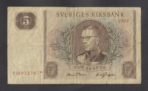 🔴SWEDEN  5 Kronor 1962  FINE   P50r    REPLACEMENT  Serial number  TH972767*🔴 - Picture 1 of 2