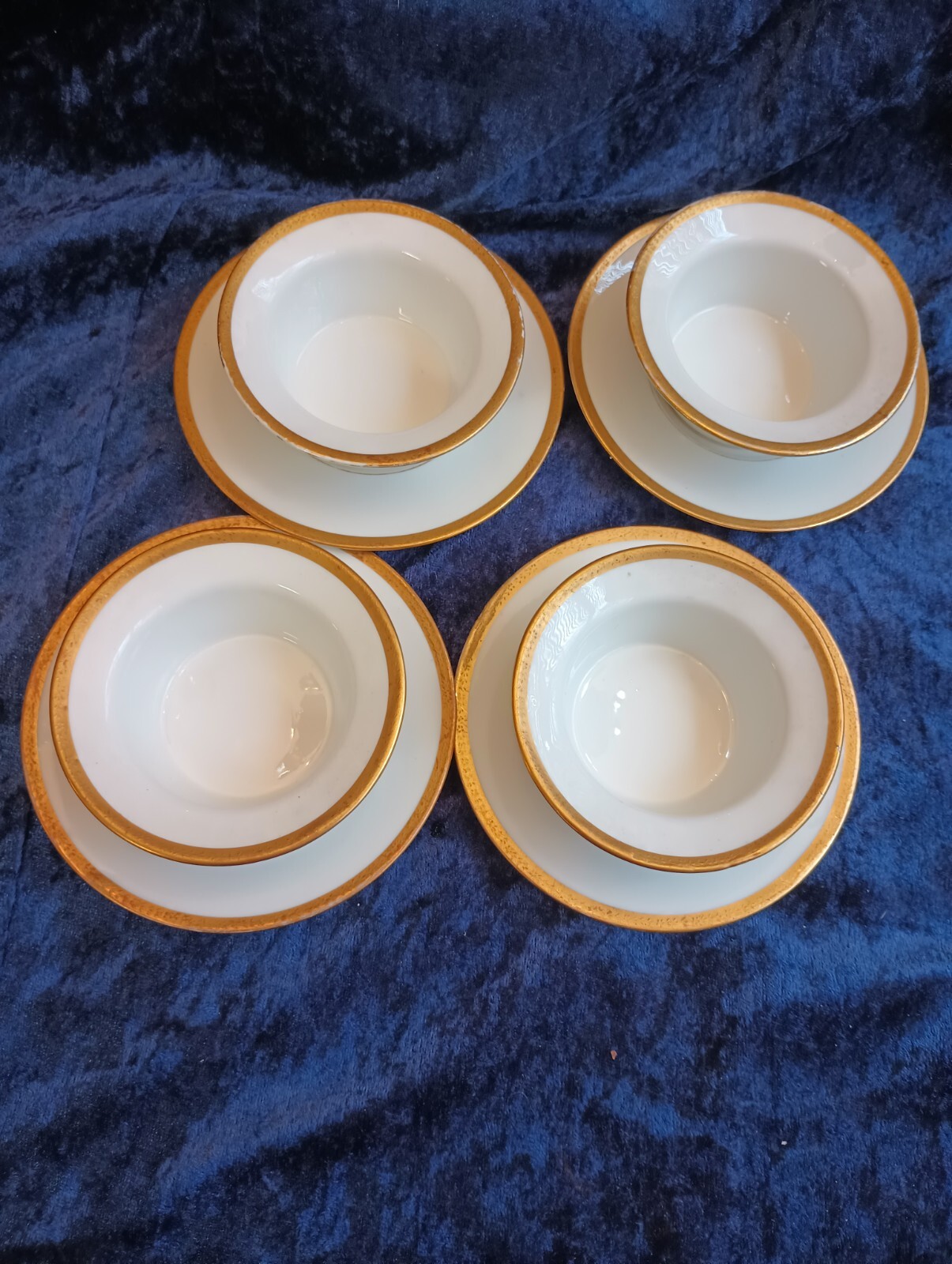 J P Limoges France Porcelain White & Gold Trim Ramekins With Saucers