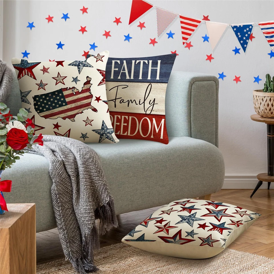 Juego de 4 fundas de almohada 4 de julio decoraciones estrellas de la libertad bandera de Estados Unidos regalo 18x18 Foto 4 de 4
