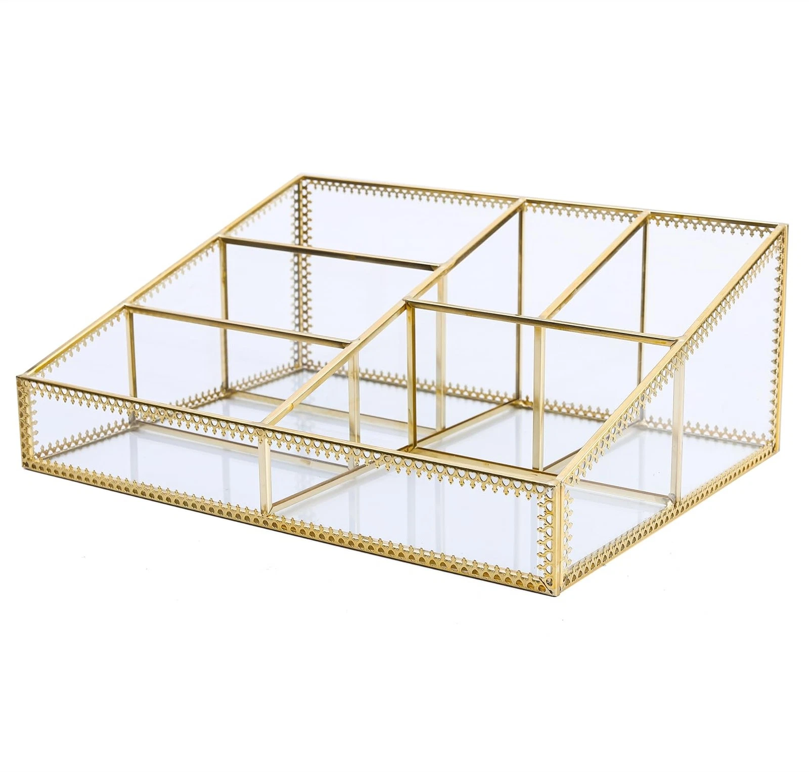 WHSLILR Vintage Gold Makeup Organizer Glass Makeup Organizer Countertop Orga...