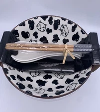 New SH Home Set 2 Cats Hearts Ceramic Ramen Noodle Bowl Black Chopsticks Spoons