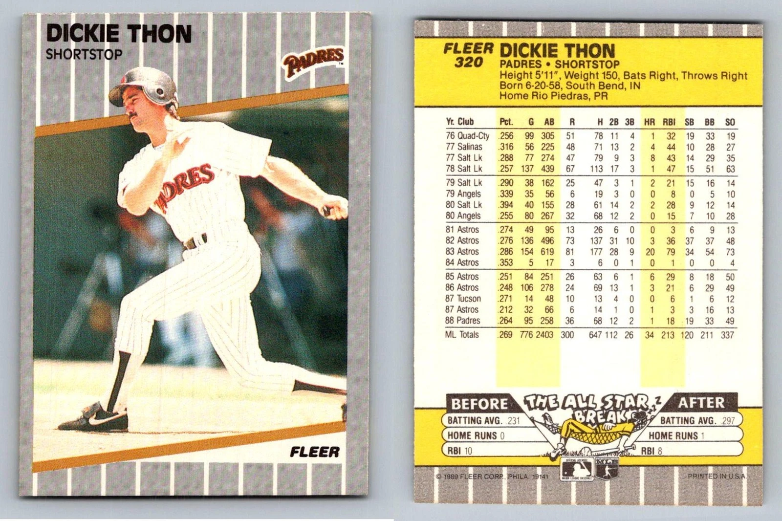 Dickie Thon Shortstop San Diego Padres Fleer 1989 Card 320 Baseball