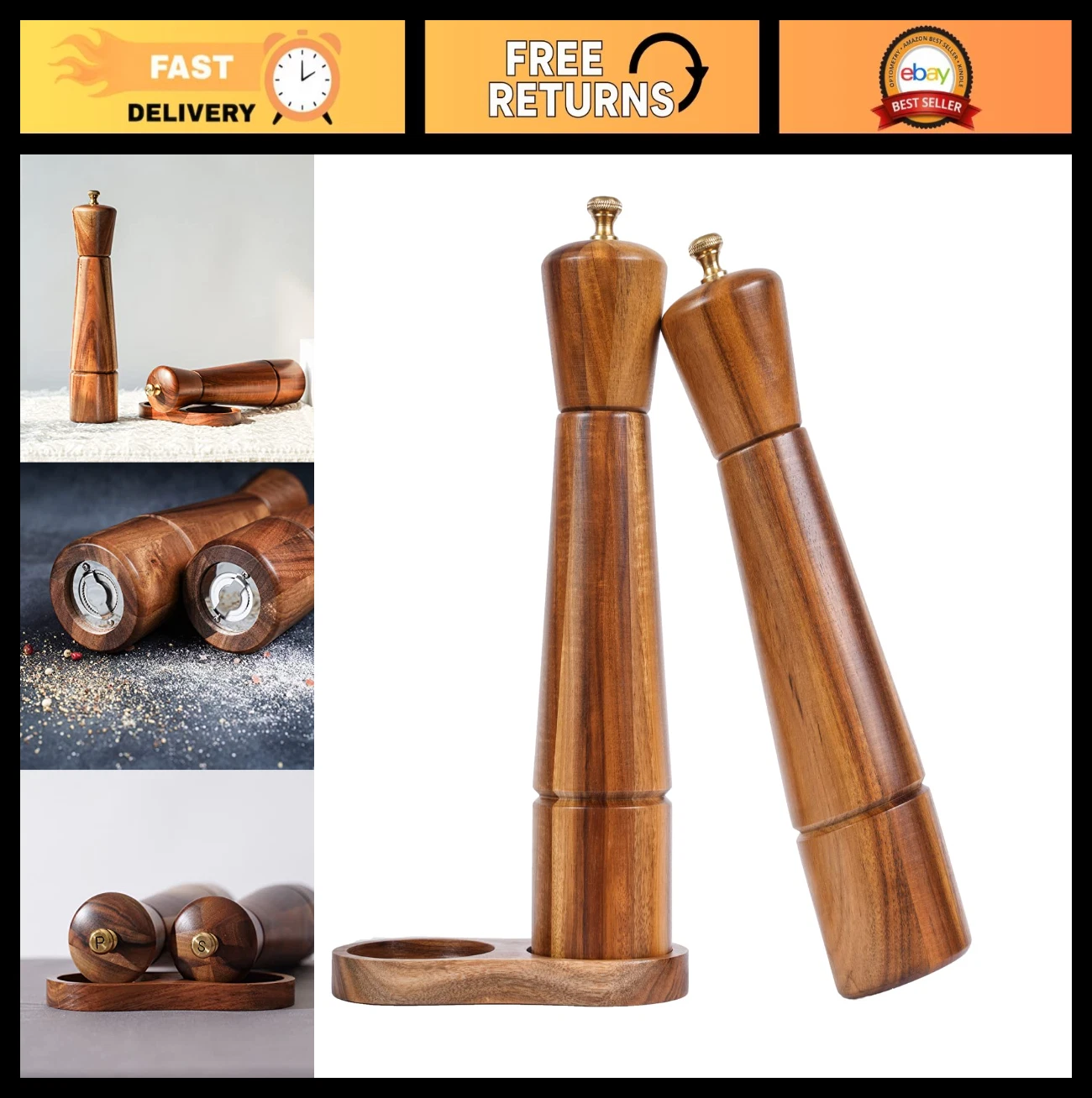 Adjustable Salt and Pepper Mill Set with Tray - Ceramic Grinder, Stainless Steel