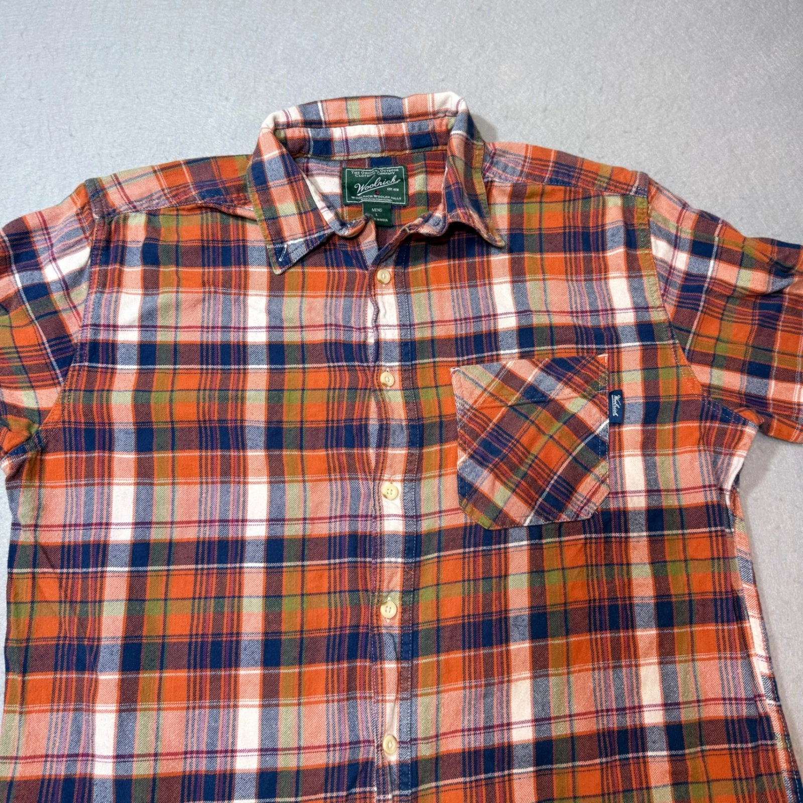 Woolrich Mens L Plaid Flannel Long Sleeve Button Up Shirt Orange Blue Green