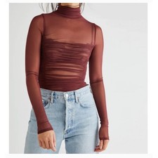 NWT Free People Under it all Sheer Ruched Long Sleeve Bodysuit chocolate brown M