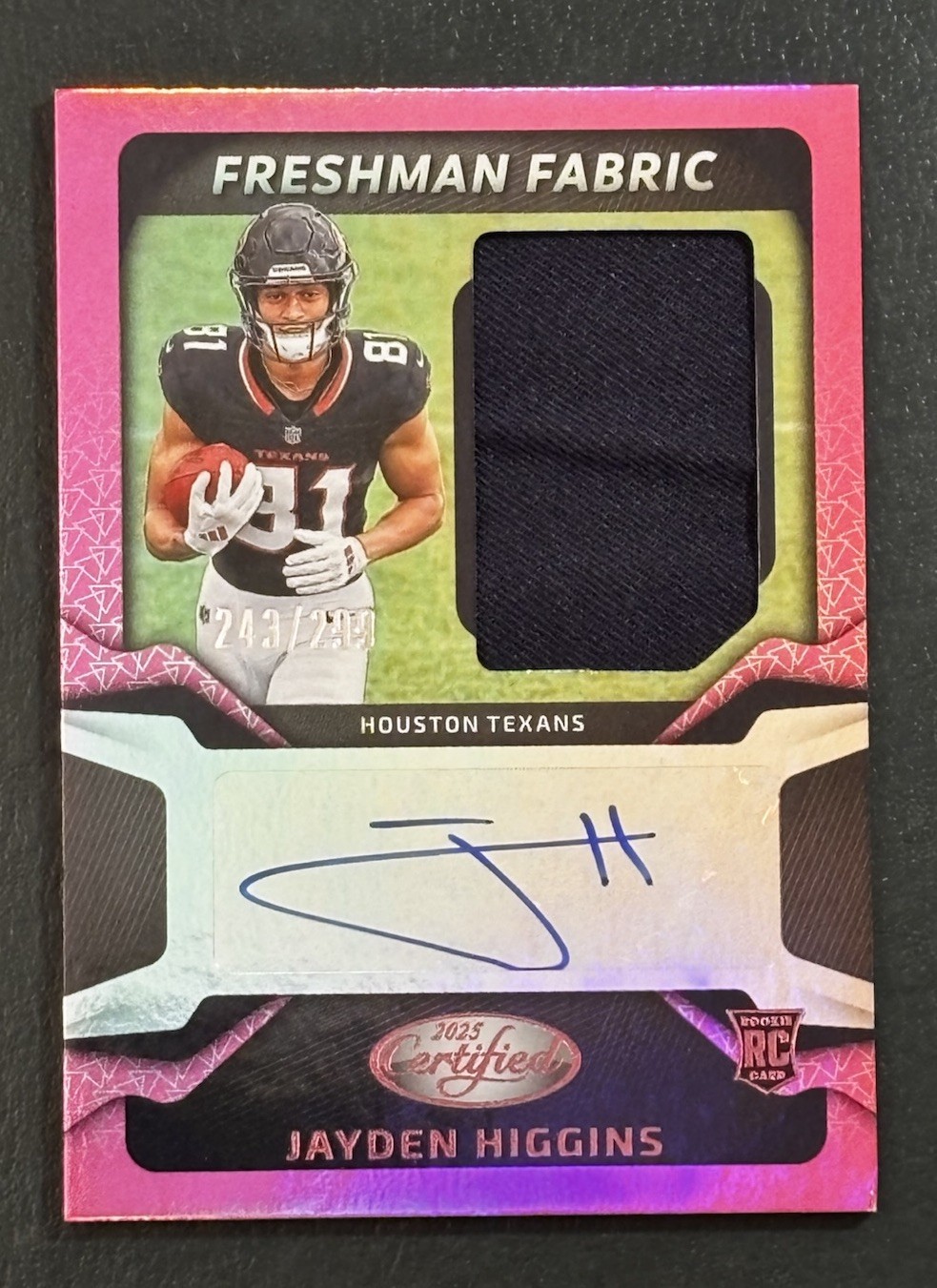 2025 Certified Freshman Fabric Rookie Jayden Higgins Mirror Pink Patch Auto /299