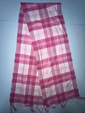100 CASHMERE SCARF Check Plaid Pink / White Made in England Warm Fringe