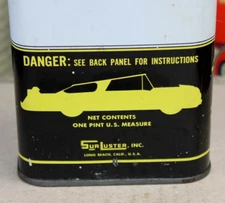 Xtra Nice ~1950s era SUR LUSTER CAR WAX Old Tin Oil Can ~ CAR WITH FINS GRAPHICS