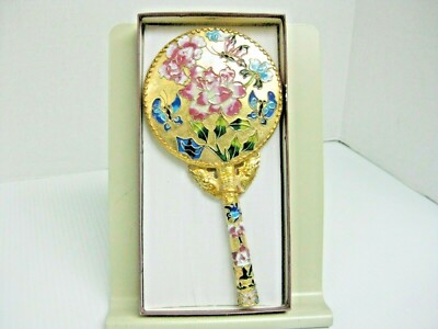 CLOISONNE AND GOLD TONE HAND HELD VANITY MIRROR NEW IN ORIGINAL BOX