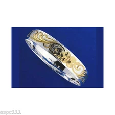 SILVER 925 HAWAIIAN BANGLE BRACELET PLUMERIA SCROLL SMOOTH EDGE 15MM 2 TONE