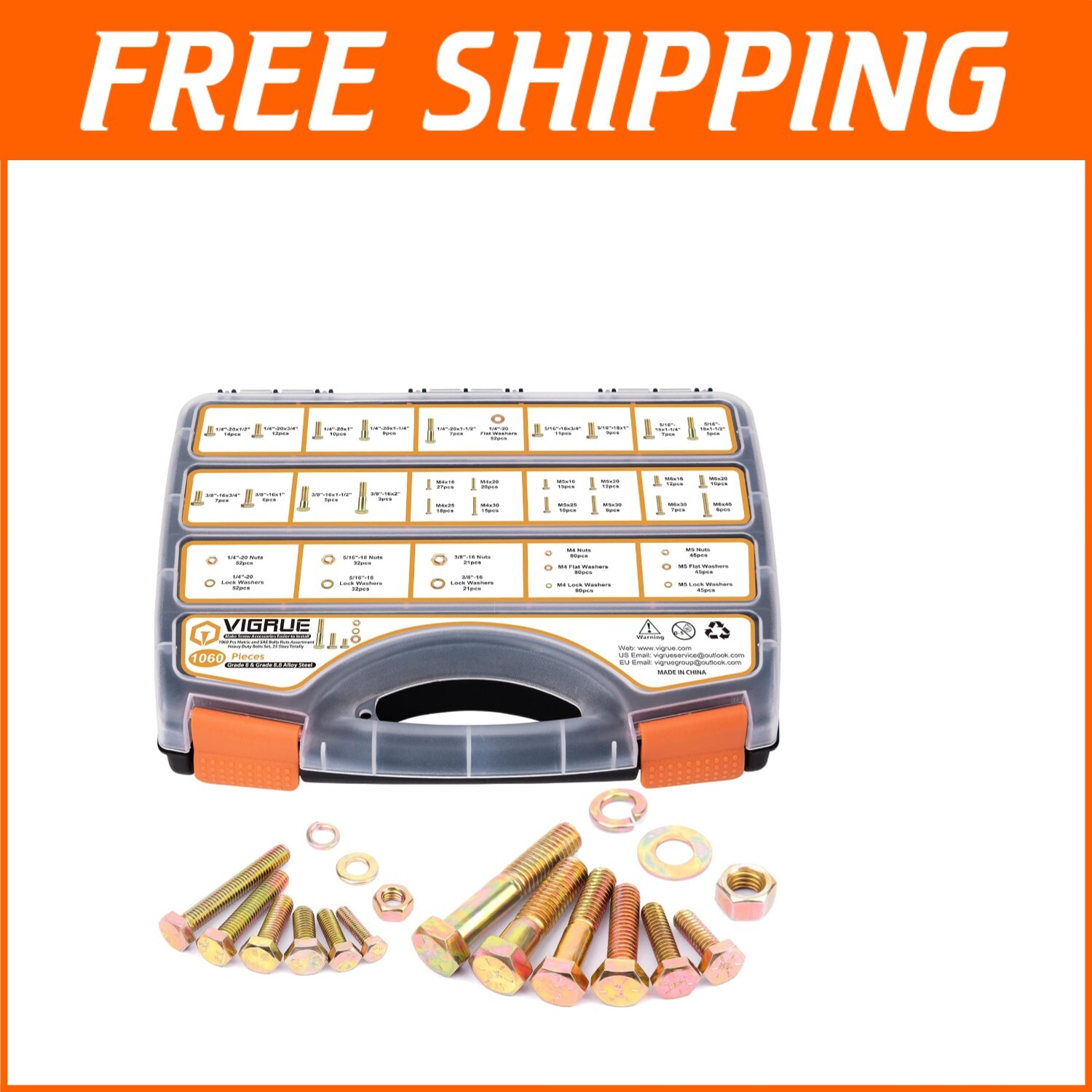 1060PCS SAE & Metric Hex Bolts Nuts Assortment Kit - Portable & Durable Storage