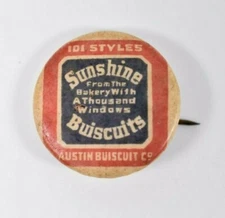 Vintage Austin Biscuit Co. Sunshine Buiscuits Pinback Button Bakery 1000 Windows