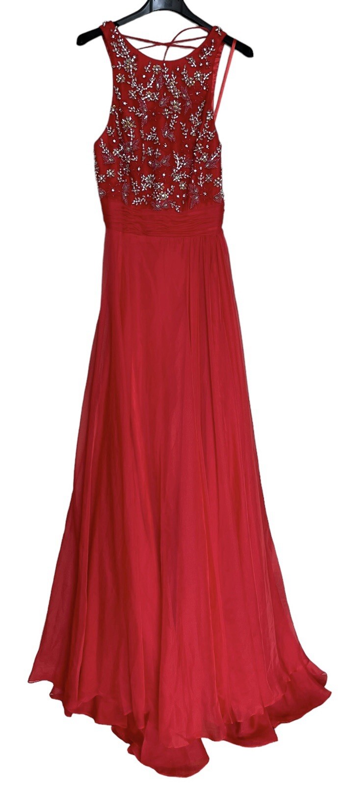 Mac Duggal Gown Dress Size 2 Red Floral Lace Up Beaded Chiffon Lace 68022 $498