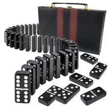Premium Double Six Dominoes Set - 28 Black Jumbo Tiles in Leather Case