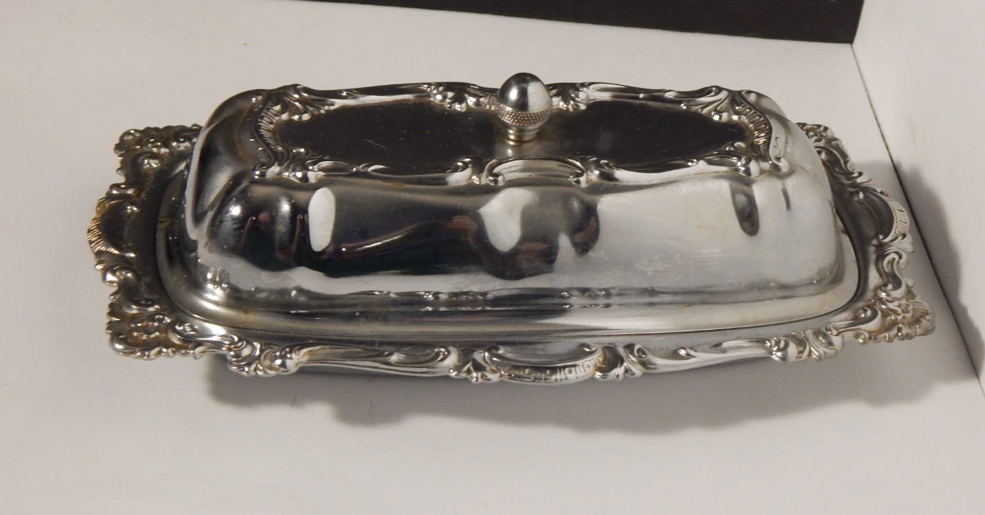 Vintage Ornate Shiny Steel Butterdish With Lid Floral Edge design Glass Insert