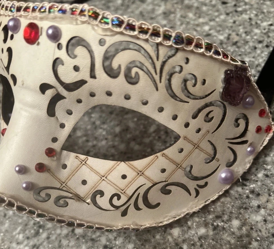 Leatherette Masquerade Half Mask 9" with Satin Ties Iridescent Bronze or Silver  - Image 3 of 4