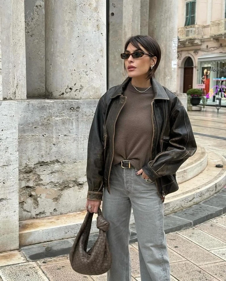 Искусственно состаренная коричневая кожаная куртка-бомбер из овечьей кожи - винтажное пальто большого размера 90-х - Изображение 2 из 4