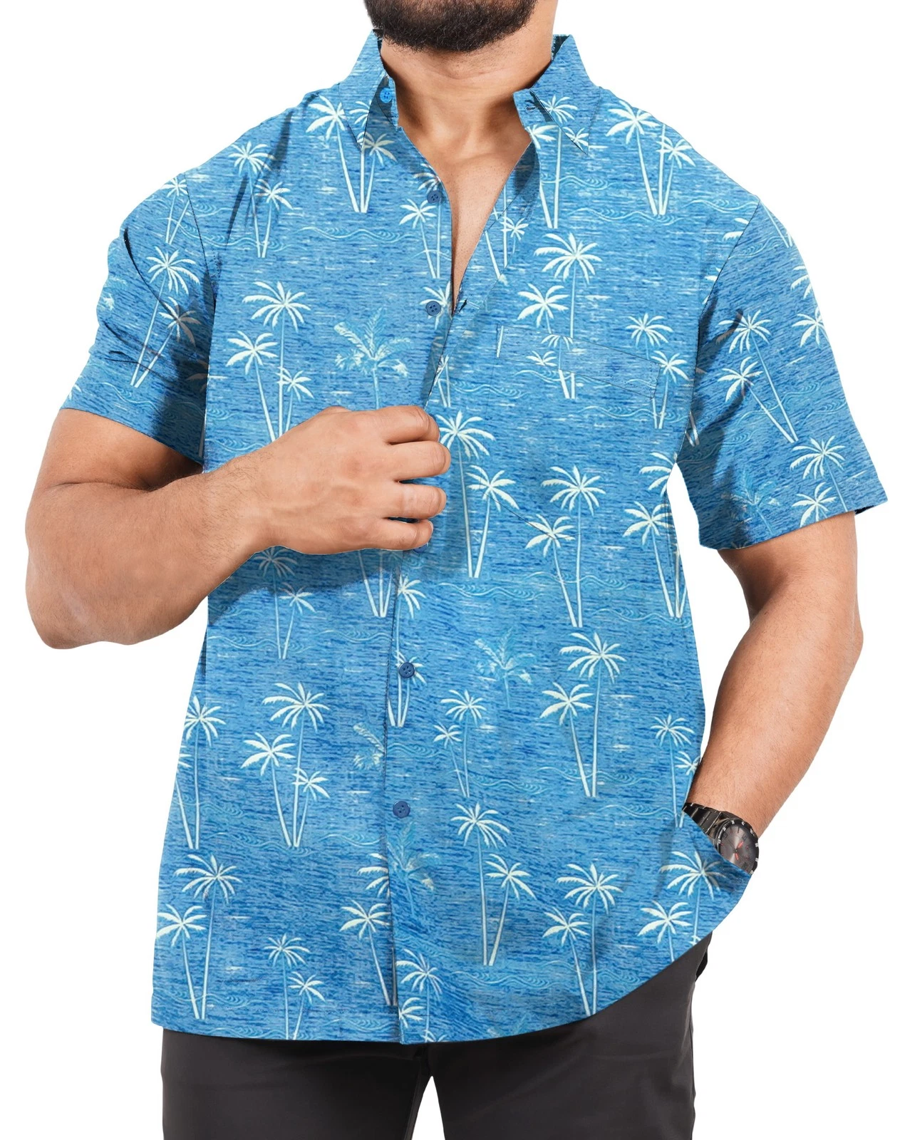 LA LEELA Mens Hawaiian Short Sleeve Button Down Shirts S Lapis, Palm Tree
