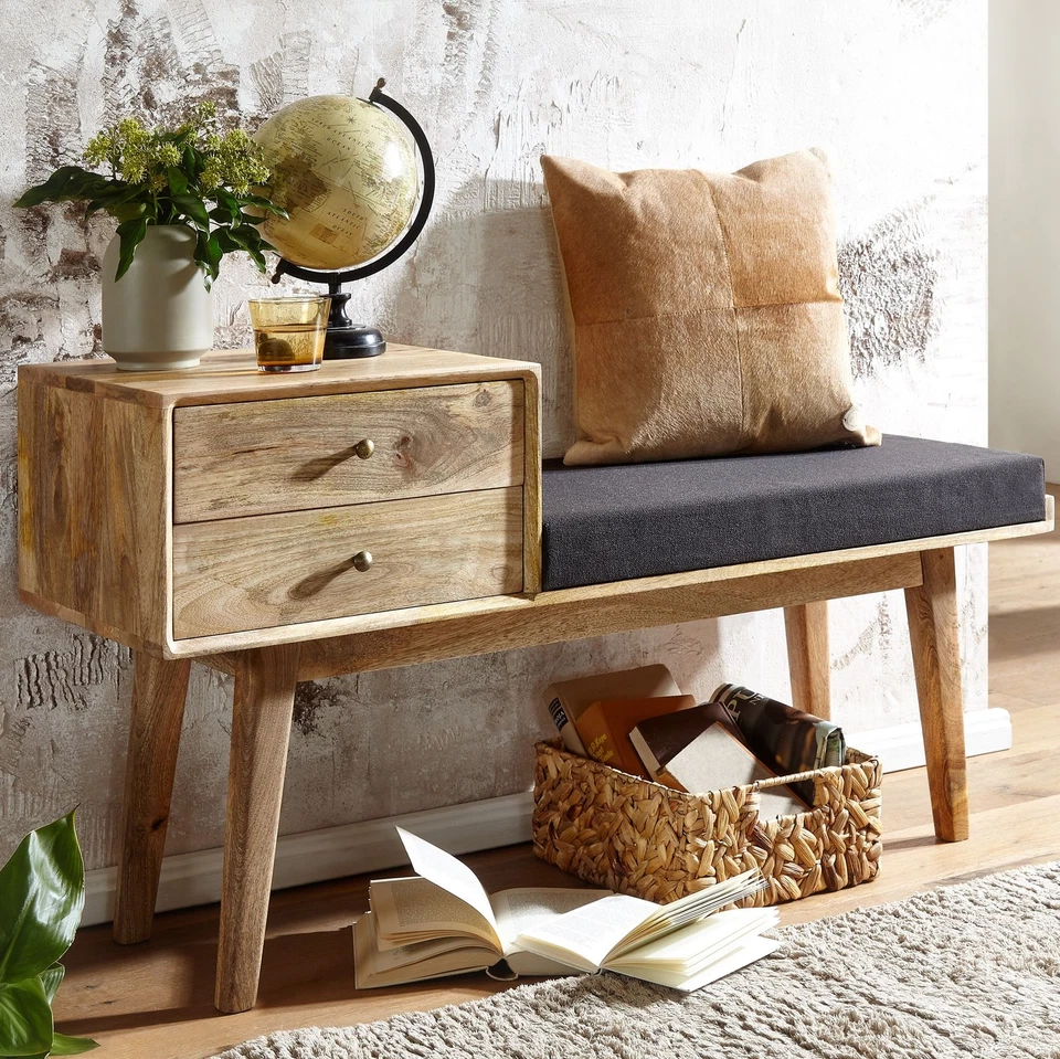 FineBuy Banc en Tissu 120 cm Bois Massif Rembourré Banc Banquette Couloir Espace - Photo 1/4