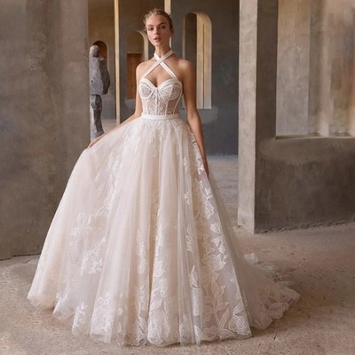 Graceful Halter Wedding Dress Sleeveless Lace Appliques Chapel Train Bride Gown | eBay Graceful Halter Wedding Dress Sleeveless Lace Appliques Chapel Train Bride Gown | eBay