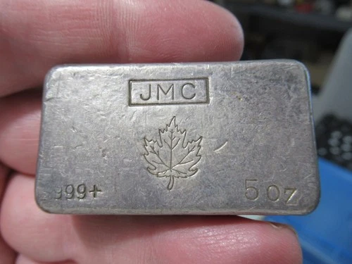 5 oz JMC Maple Leaf Johnson Matthey Canada Poured Vintage Silver Bar