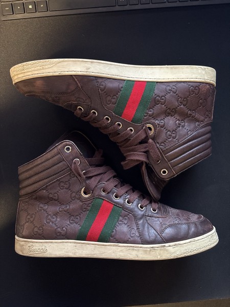 Gucci Trainers Sneaker High Top Shoes Monogram Leather Web Green Mens UK 8 US 9