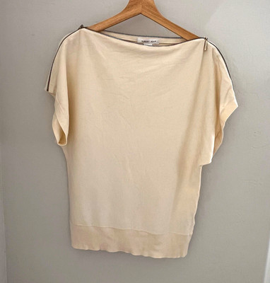 August Silk Silk Knit Boat Neck Short Sleeve Zipper Accent Blouse Ivory L