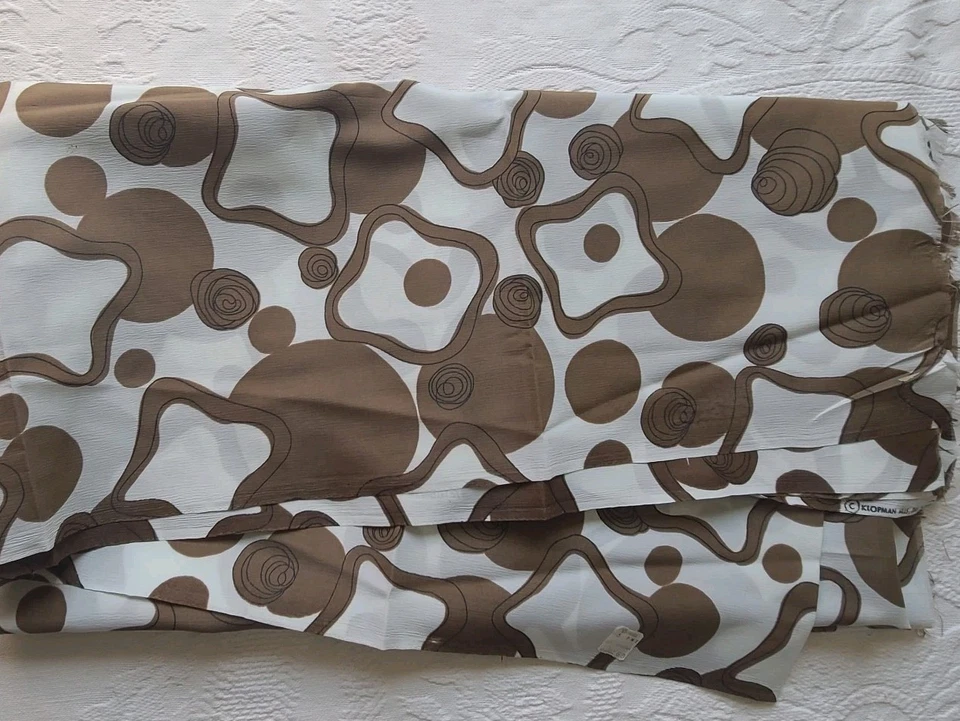 Vntg 1971 Mod Abstract Brown/White Fabric Crepe Poly Klopman Mills USA 2.39'x44" - Image 2 of 4