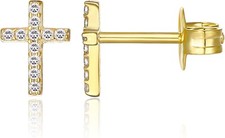 Women  Girls Sterling Silver 14K Gold Plated Cubic Zirconia Stud Cross Earrings
