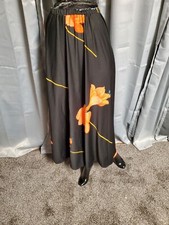 S-M VTG 1960s 70 Hawaiian HIBISCUS Maxi Skirt Flower boho Hippie Black W/ Orange
