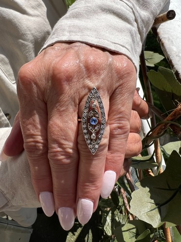 Victorian Sapphire and Diamond Navette Ring Yellow Gold Ring size I 1/2 - Picture 3 of 20