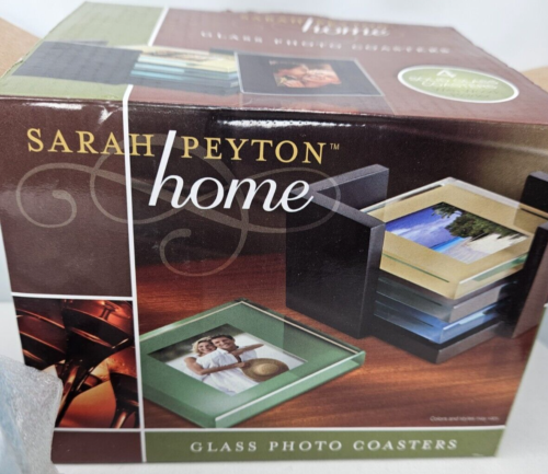 Sarah Peyton Set of 4 Solid Glass Photo Picture Drink Coasters Wood Holder NEW - Picture 1 of 13