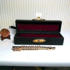 Miniature Dollhouse Brass Flute w/ Case No moving parts