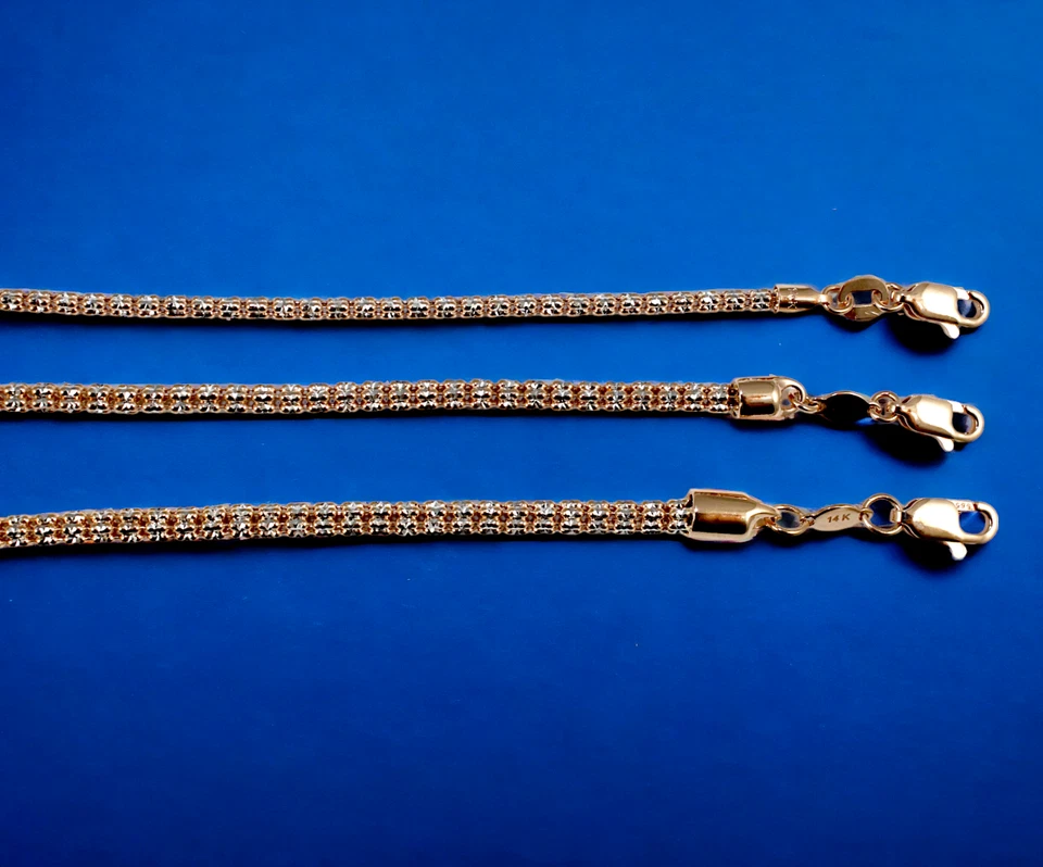 Collar de eslabones de hielo sólido de oro rosa de 14K cadena pavé oro real 2 mm-4 mm 16"-30"