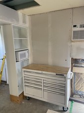 46 In. 9-Drawer Mobile Storage Cabinet With Solid Wood Top, White Workbench