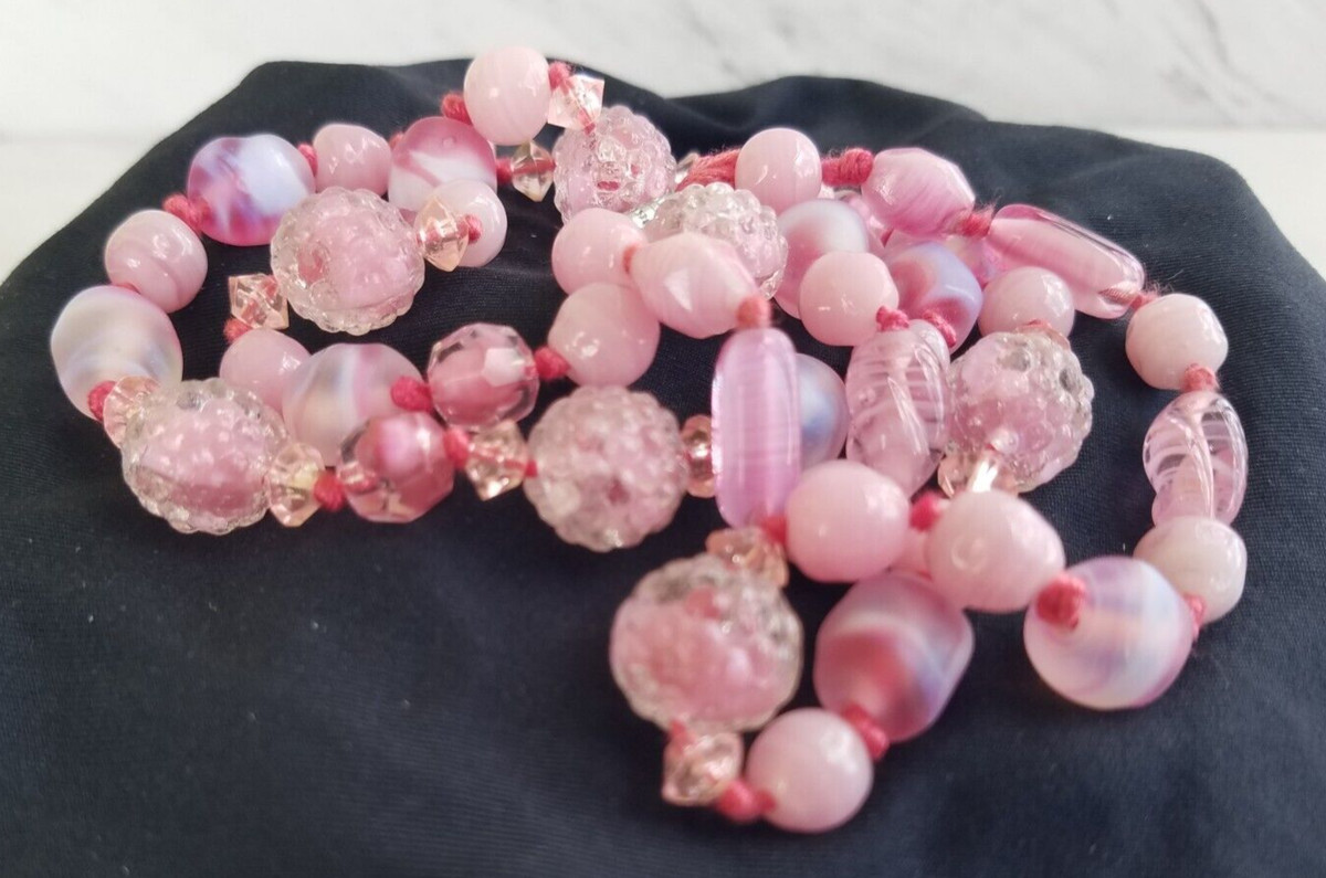 Vintage Venetian Glass Necklace Pink Sommerso Murano Stippled Glass Beads View 6