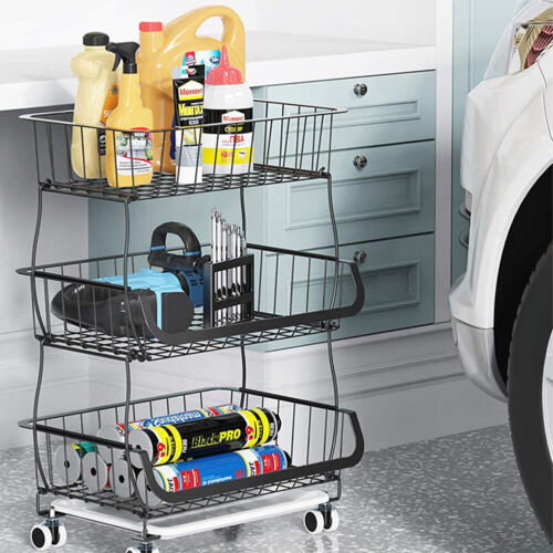 STORAGE STACKING WIRE BASKET STACKABLE SHELVES VEGETABLE FOOD KITCHEN RACK WHEEL - Picture 9 of 43