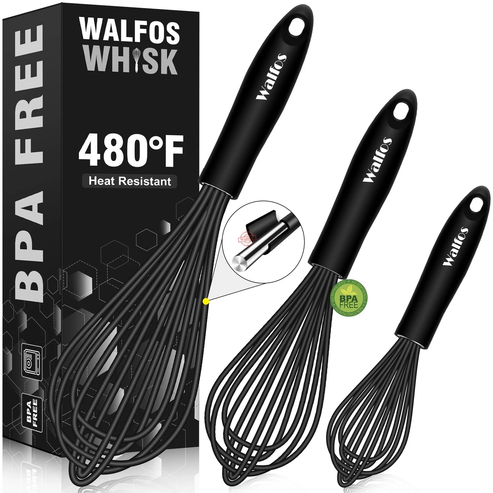 Silicone & Stainless Steel Whisk Set - Heat Resistant, Non-Stick, 3 Pack