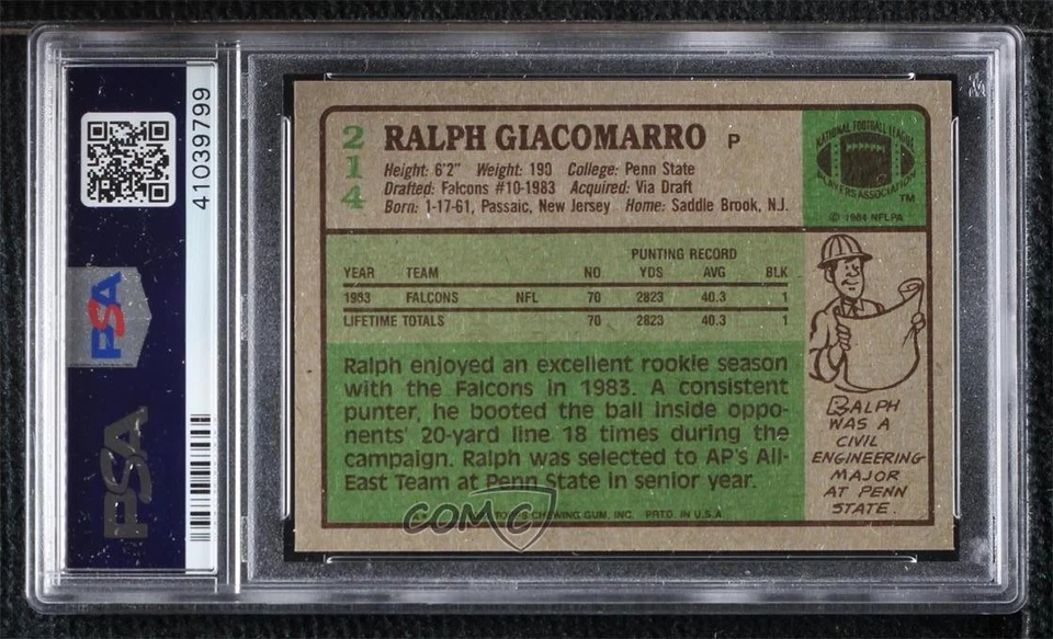 1984 Topps Ralph Giacomarro #214 PSA 8 Rookie RC - Image 2 of 2