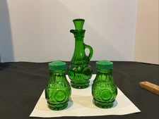 Wheaton Glass Bullseye Green Cruet And Salt & Pepper Shakers