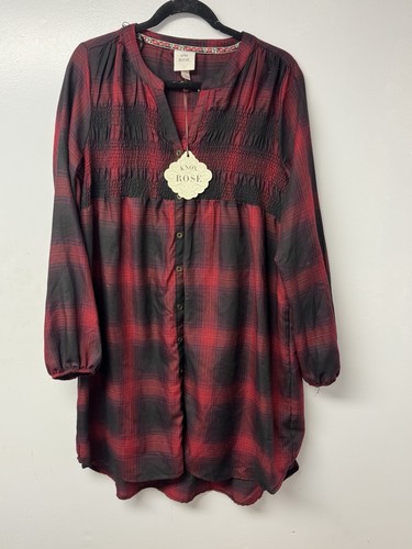 Knox Rose NWT Plaid Smocked Tunic Dress Red Black Long Sleeve Women’s Large - 第 4/10 張圖片