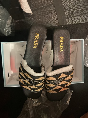 Pre-Loved Prada Embroidered Logo Canvas and Quilted Leather Slide Sandals Sz38