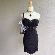 Vintage Y2K Deb Black Beaded Strapless Mini Dress Size M Going Out Glam Preppy