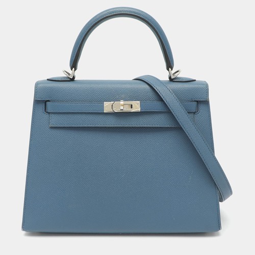 Hermes Kelly Sellier 25 Palladium Finish Blue Thalasa Epsom Leather Top Handle